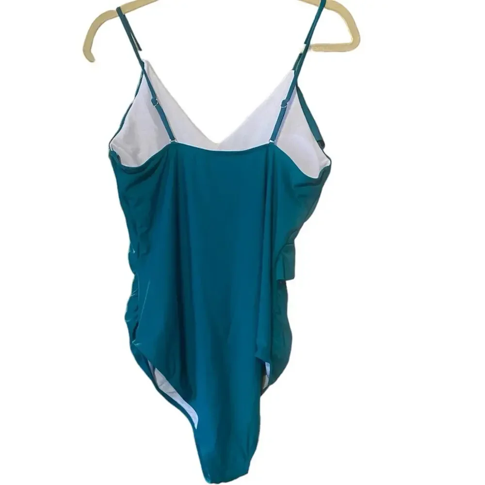 Maternity Swimsuit Women's Size 2XL One Piece Ruffle Swim Deep V Neck in Green